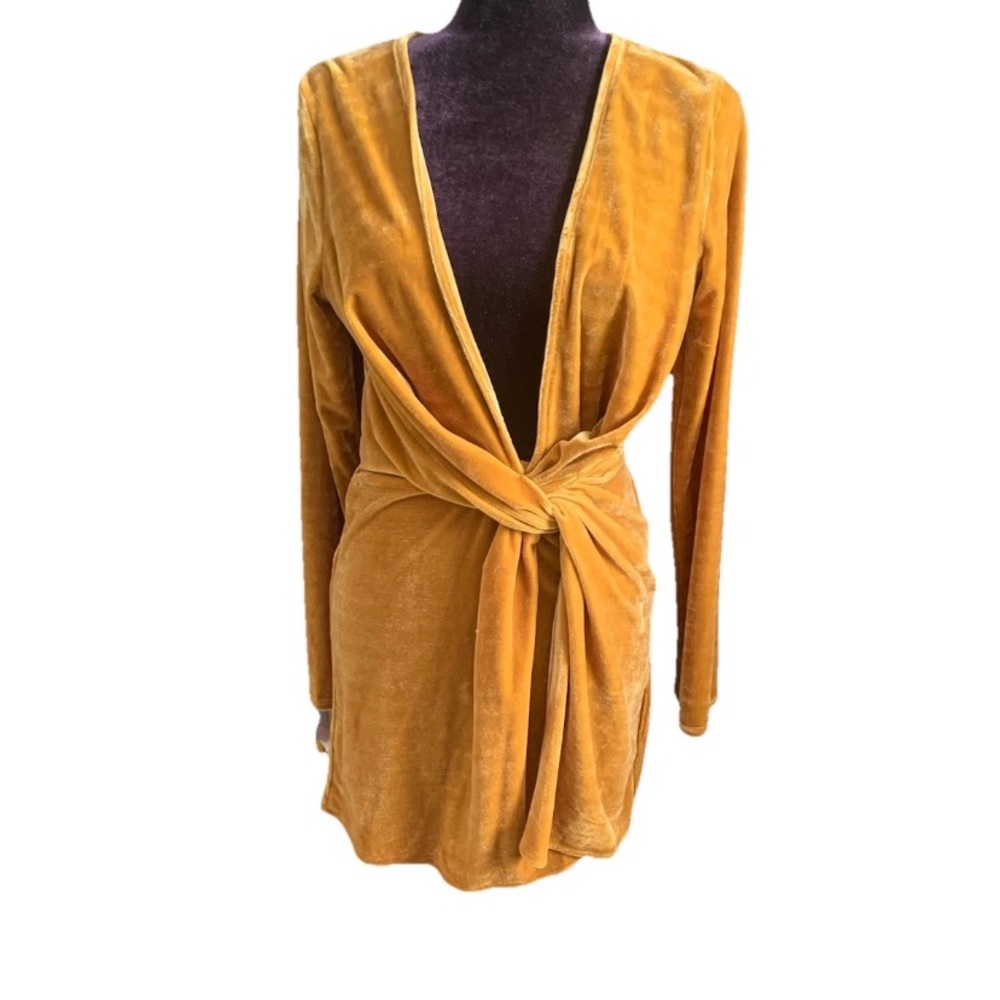 AKIRA Velvet Wrap Style Dress in Mustard Yellow Size S